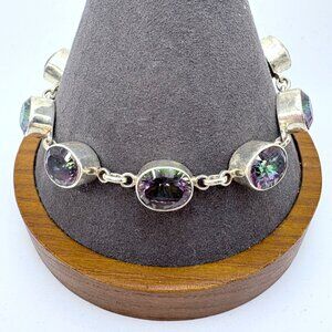 VTG sterling Silver 925 Mystic Topaz Tennis Bracelet Oval Bezel Set 7.5 - 8.25"